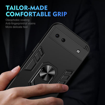Google Pixel 6a Shockproof Metal Ring Holder Phone Case with 360 degrees Rotating Kickstand, Ultra Slim Protective Cover, Raised Camera Guard, PC Silicone Armour Shell, Anti-Scratch Back & Edge Protection