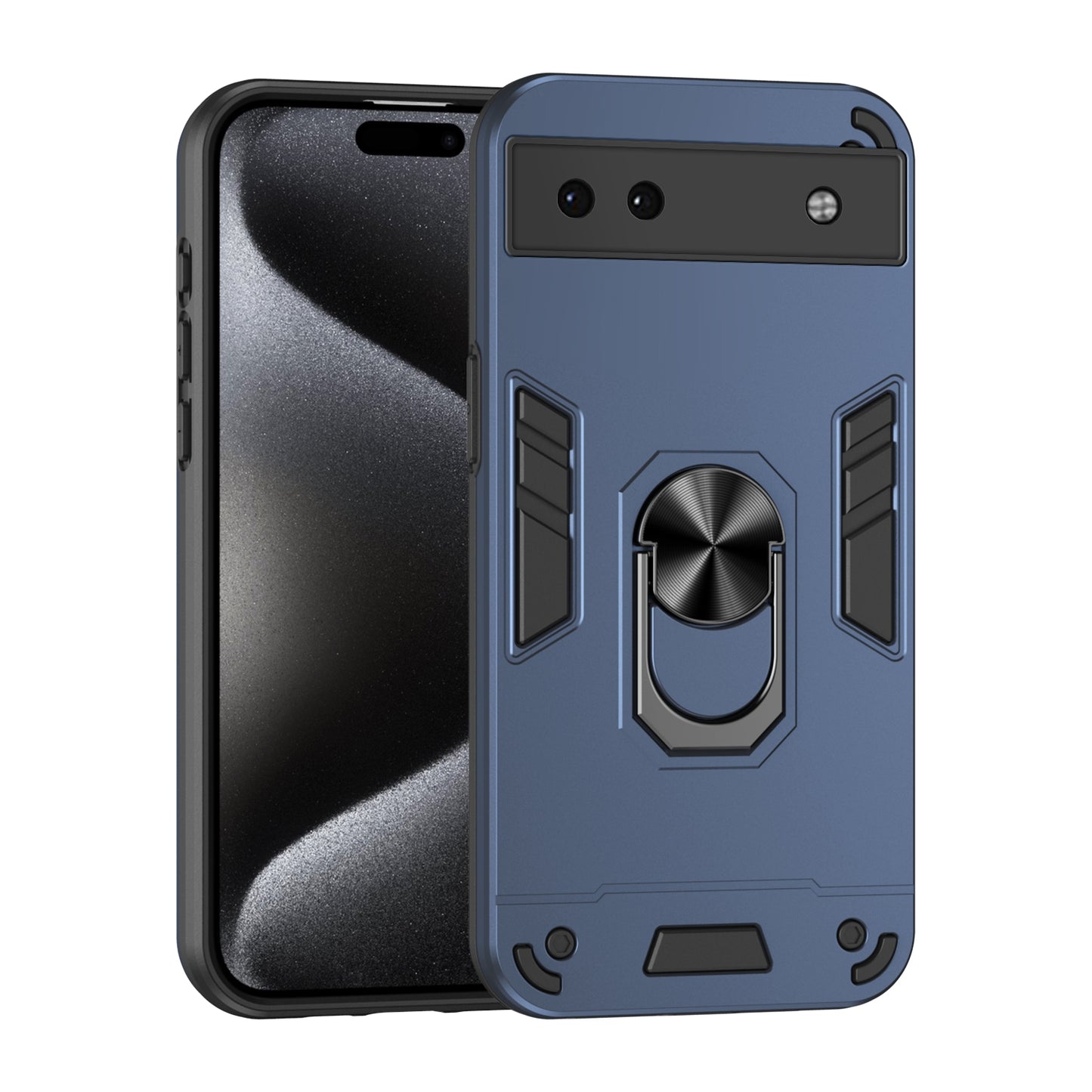 Google Pixel 6a Shockproof Metal Ring Holder Phone Case with 360 degrees Rotating Kickstand, Ultra Slim Protective Cover, Raised Camera Guard, PC Silicone Armour Shell, Anti-Scratch Back & Edge Protection