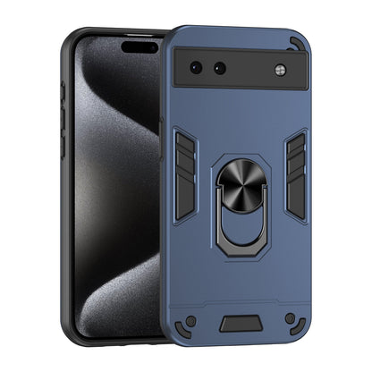 Google Pixel 6a Shockproof Metal Ring Holder Phone Case with 360 degrees Rotating Kickstand, Ultra Slim Protective Cover, Raised Camera Guard, PC Silicone Armour Shell, Anti-Scratch Back & Edge Protection