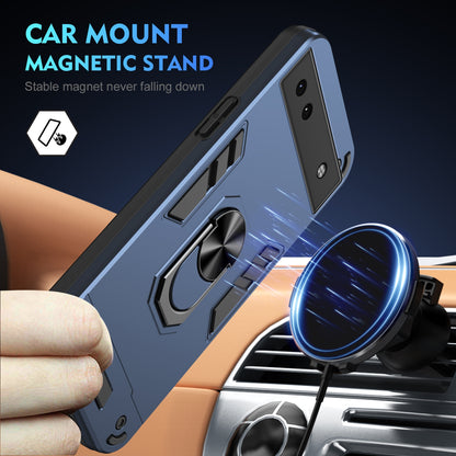 Google Pixel 6a Shockproof Metal Ring Holder Phone Case with 360 degrees Rotating Kickstand, Ultra Slim Protective Cover, Raised Camera Guard, PC Silicone Armour Shell, Anti-Scratch Back & Edge Protection