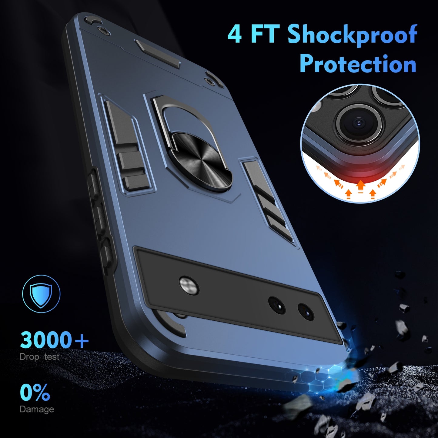 Google Pixel 6a Shockproof Metal Ring Holder Phone Case with 360 degrees Rotating Kickstand, Ultra Slim Protective Cover, Raised Camera Guard, PC Silicone Armour Shell, Anti-Scratch Back & Edge Protection
