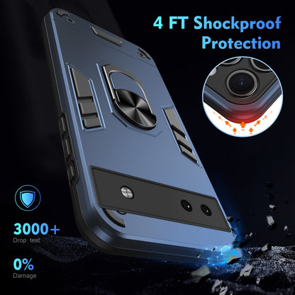 Google Pixel 6a Shockproof Metal Ring Holder Phone Case with 360 degrees Rotating Kickstand, Ultra Slim Protective Cover, Raised Camera Guard, PC Silicone Armour Shell, Anti-Scratch Back & Edge Protection