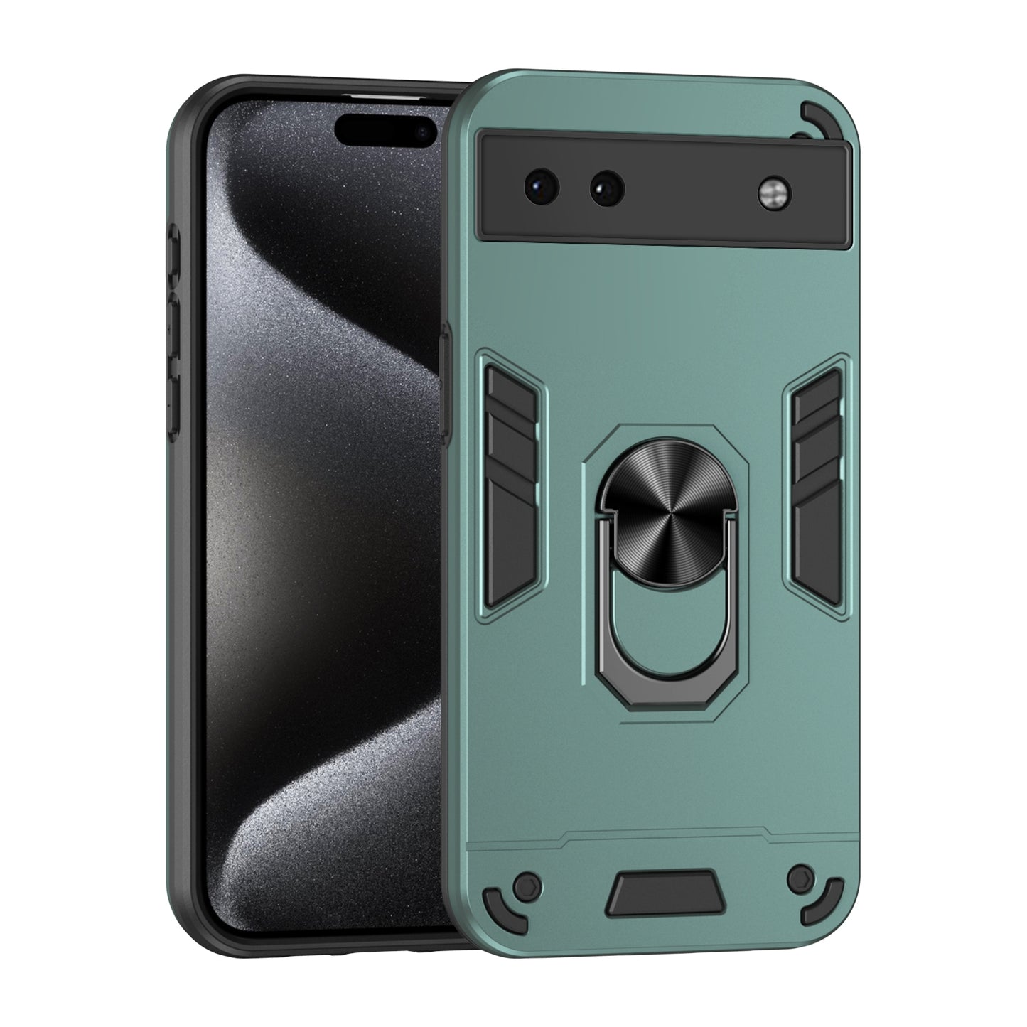 Google Pixel 6a Shockproof Metal Ring Holder Phone Case with 360 degrees Rotating Kickstand, Ultra Slim Protective Cover, Raised Camera Guard, PC Silicone Armour Shell, Anti-Scratch Back & Edge Protection