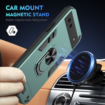 Google Pixel 6a Shockproof Metal Ring Holder Phone Case with 360 degrees Rotating Kickstand, Ultra Slim Protective Cover, Raised Camera Guard, PC Silicone Armour Shell, Anti-Scratch Back & Edge Protection