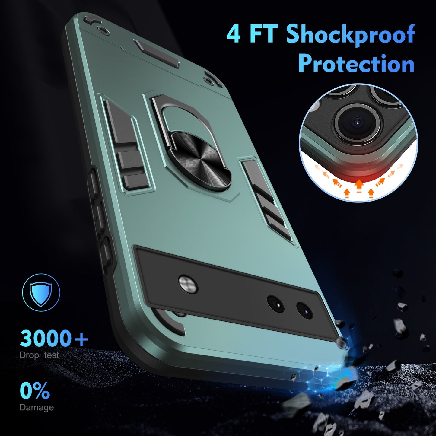 Google Pixel 6a Shockproof Metal Ring Holder Phone Case with 360 degrees Rotating Kickstand, Ultra Slim Protective Cover, Raised Camera Guard, PC Silicone Armour Shell, Anti-Scratch Back & Edge Protection