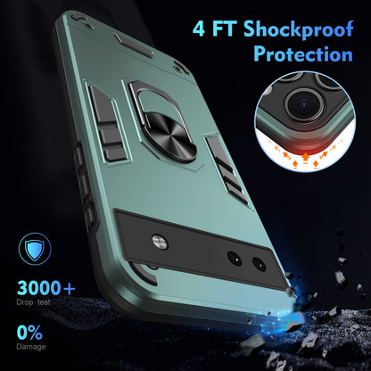 Google Pixel 6a Shockproof Metal Ring Holder Phone Case with 360 degrees Rotating Kickstand, Ultra Slim Protective Cover, Raised Camera Guard, PC Silicone Armour Shell, Anti-Scratch Back & Edge Protection