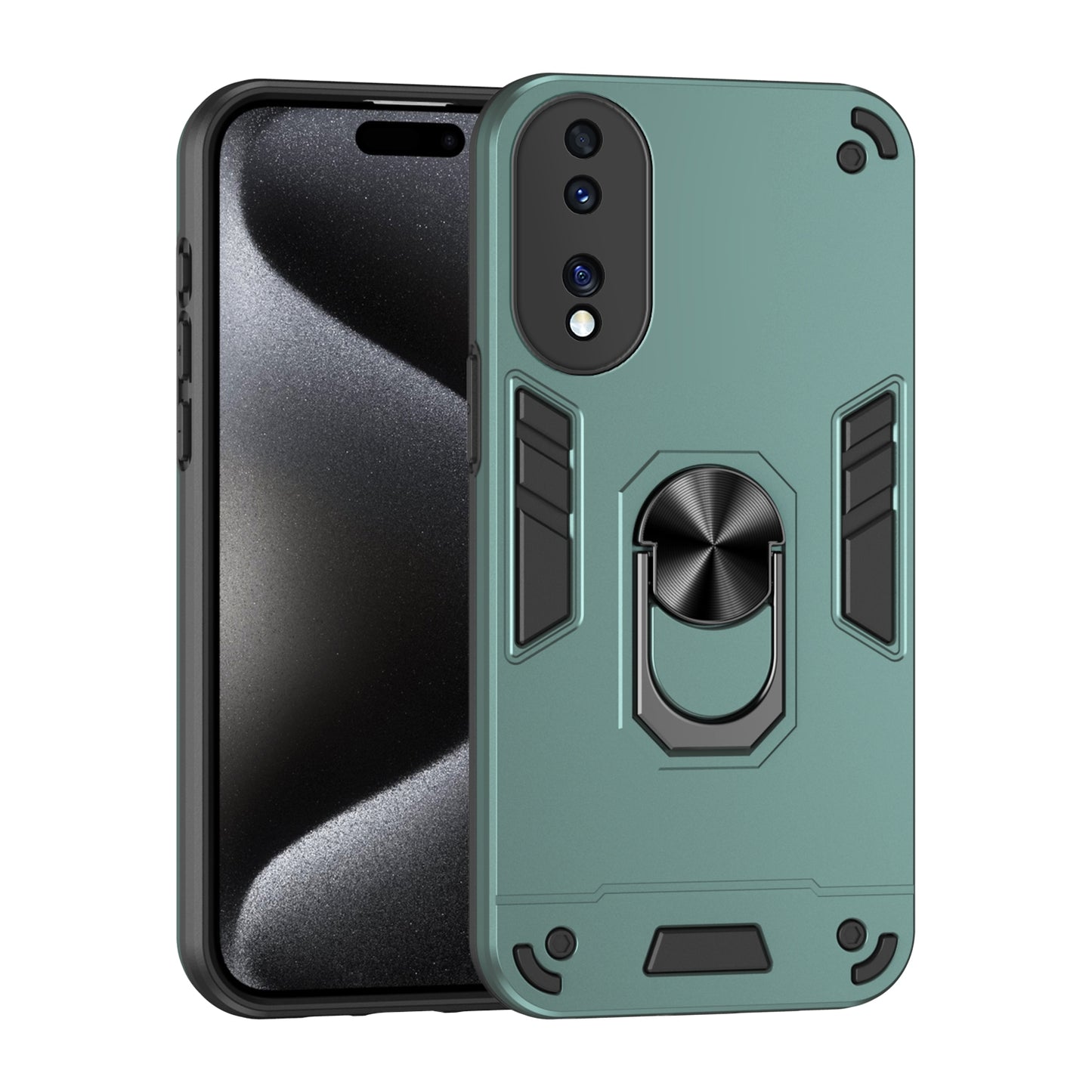 Honor 70 Shockproof Metal Ring Holder Phone Case with 360 degrees Rotating Kickstand, Ultra Slim Protective Cover, Raised Camera Guard, PC Silicone Armour Shell, Anti-Scratch Back & Edge Protection