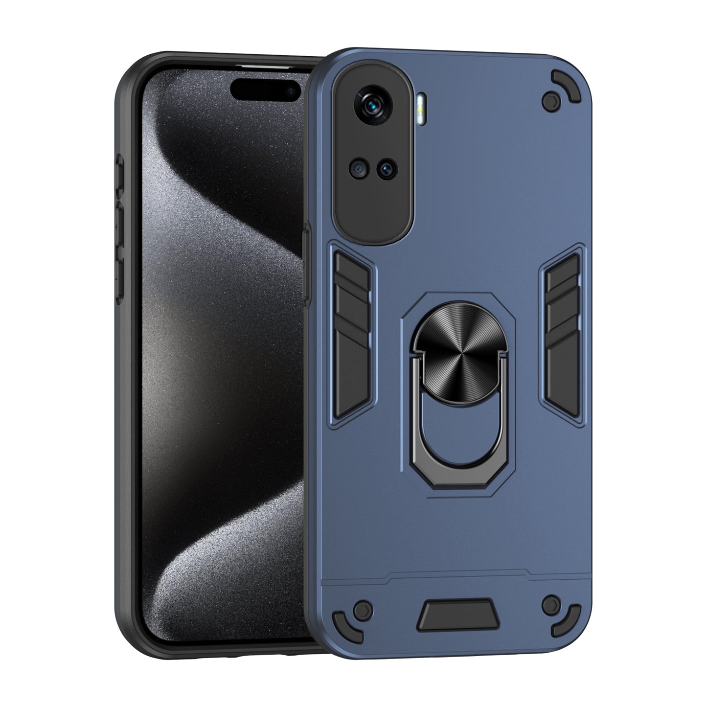 Honor 90 Lite Shockproof Metal Ring Holder Phone Case with 360 degrees Rotating Kickstand, Ultra Slim Protective Cover, Raised Camera Guard, PC Silicone Armour Shell, Anti-Scratch Back & Edge Protection
