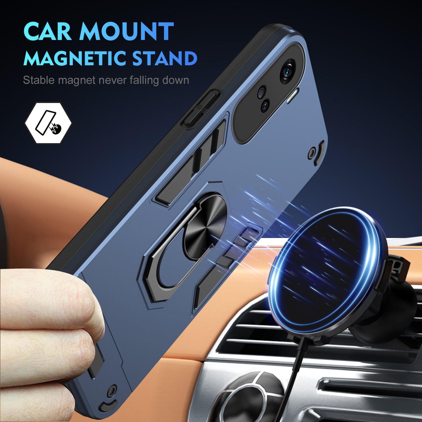 Honor 90 Lite Shockproof Metal Ring Holder Phone Case with 360 degrees Rotating Kickstand, Ultra Slim Protective Cover, Raised Camera Guard, PC Silicone Armour Shell, Anti-Scratch Back & Edge Protection