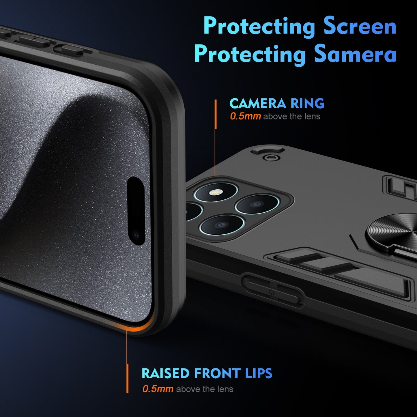 Honor X6a Shockproof Metal Ring Holder Phone Case with 360 degrees Rotating Kickstand, Ultra Slim Protective Cover, Raised Camera Guard, PC Silicone Armour Shell, Anti-Scratch Back & Edge Protection