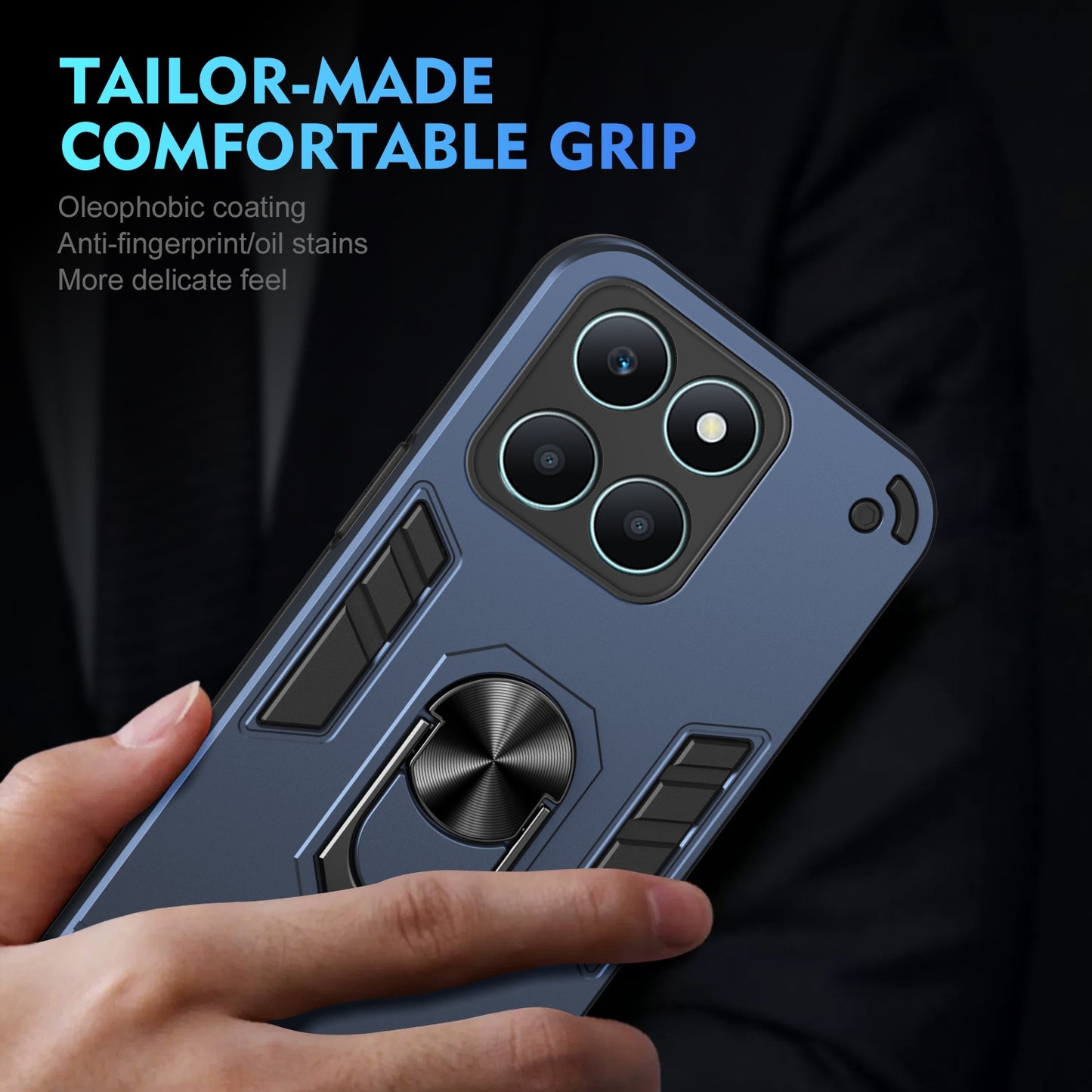 Honor X6a Shockproof Metal Ring Holder Phone Case with 360 degrees Rotating Kickstand, Ultra Slim Protective Cover, Raised Camera Guard, PC Silicone Armour Shell, Anti-Scratch Back & Edge Protection