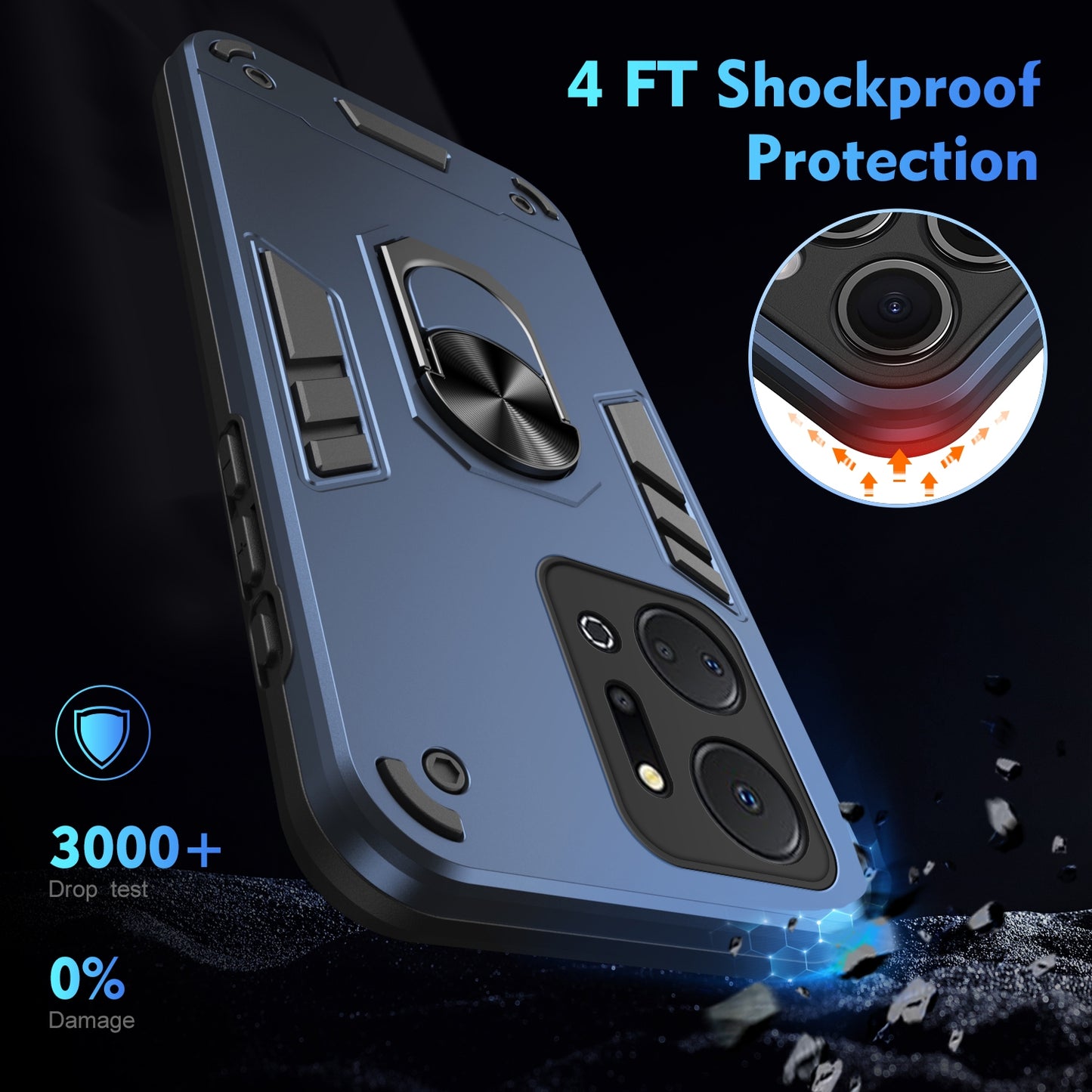 Honor X7a Shockproof Metal Ring Holder Phone Case with 360 degrees Rotating Kickstand, Ultra Slim Protective Cover, Raised Camera Guard, PC Silicone Armour Shell, Anti-Scratch Back & Edge Protection