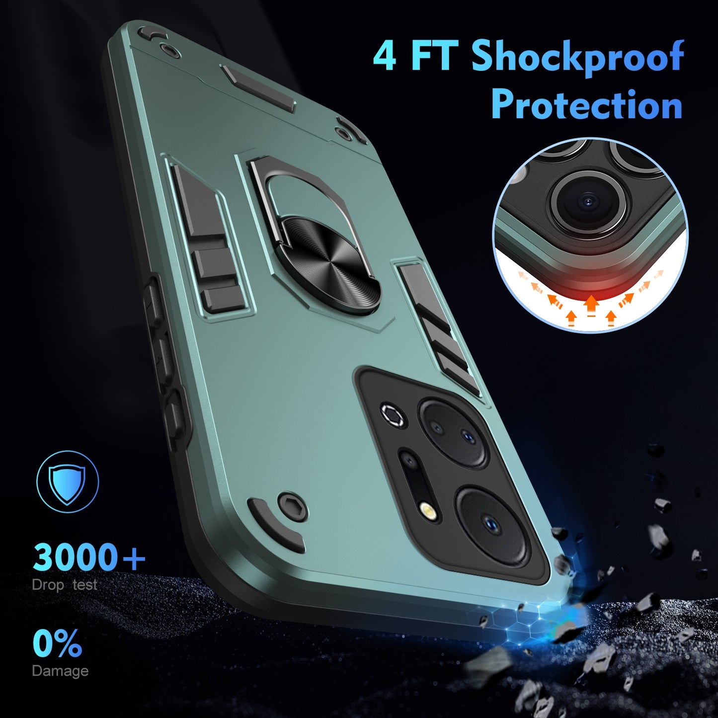 Honor X7a Shockproof Metal Ring Holder Phone Case with 360 degrees Rotating Kickstand, Ultra Slim Protective Cover, Raised Camera Guard, PC Silicone Armour Shell, Anti-Scratch Back & Edge Protection