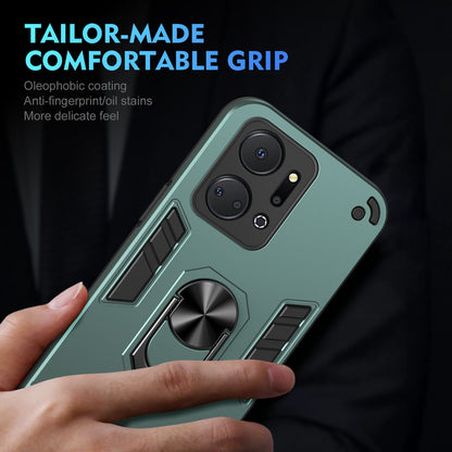 Honor X7a Shockproof Metal Ring Holder Phone Case with 360 degrees Rotating Kickstand, Ultra Slim Protective Cover, Raised Camera Guard, PC Silicone Armour Shell, Anti-Scratch Back & Edge Protection