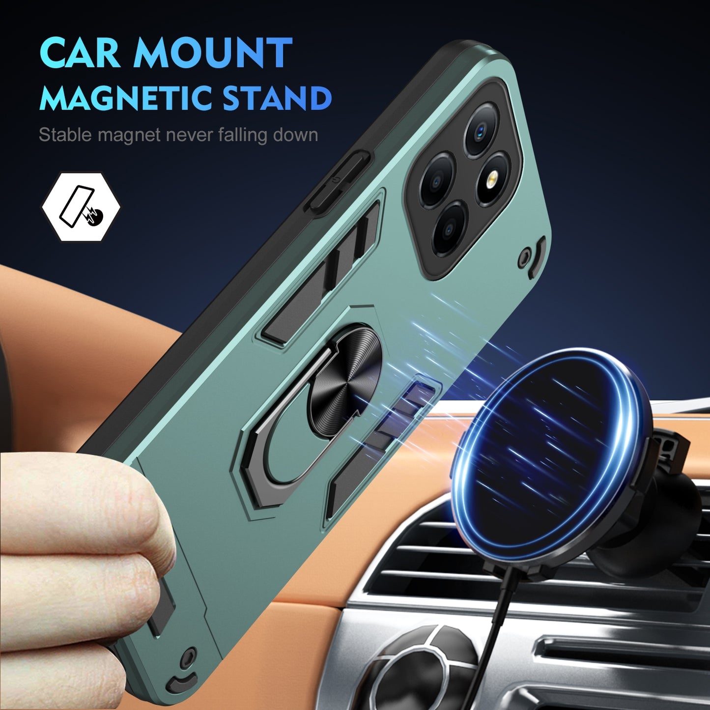 Honor X8 5G Shockproof Metal Ring Holder Phone Case with 360 degrees Rotating Kickstand, Ultra Slim Protective Cover, Raised Camera Guard, PC Silicone Armour Shell, Anti-Scratch Back & Edge Protection