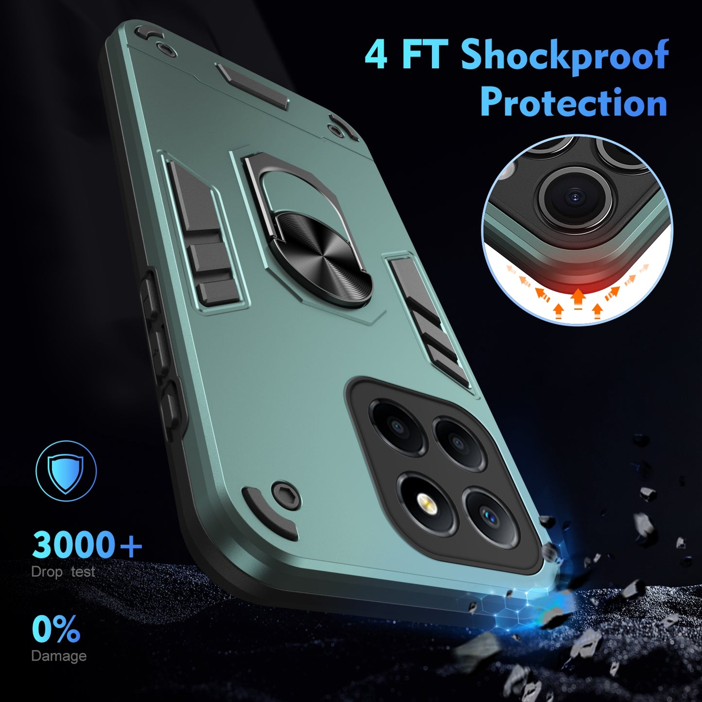 Honor X8 5G Shockproof Metal Ring Holder Phone Case with 360 degrees Rotating Kickstand, Ultra Slim Protective Cover, Raised Camera Guard, PC Silicone Armour Shell, Anti-Scratch Back & Edge Protection