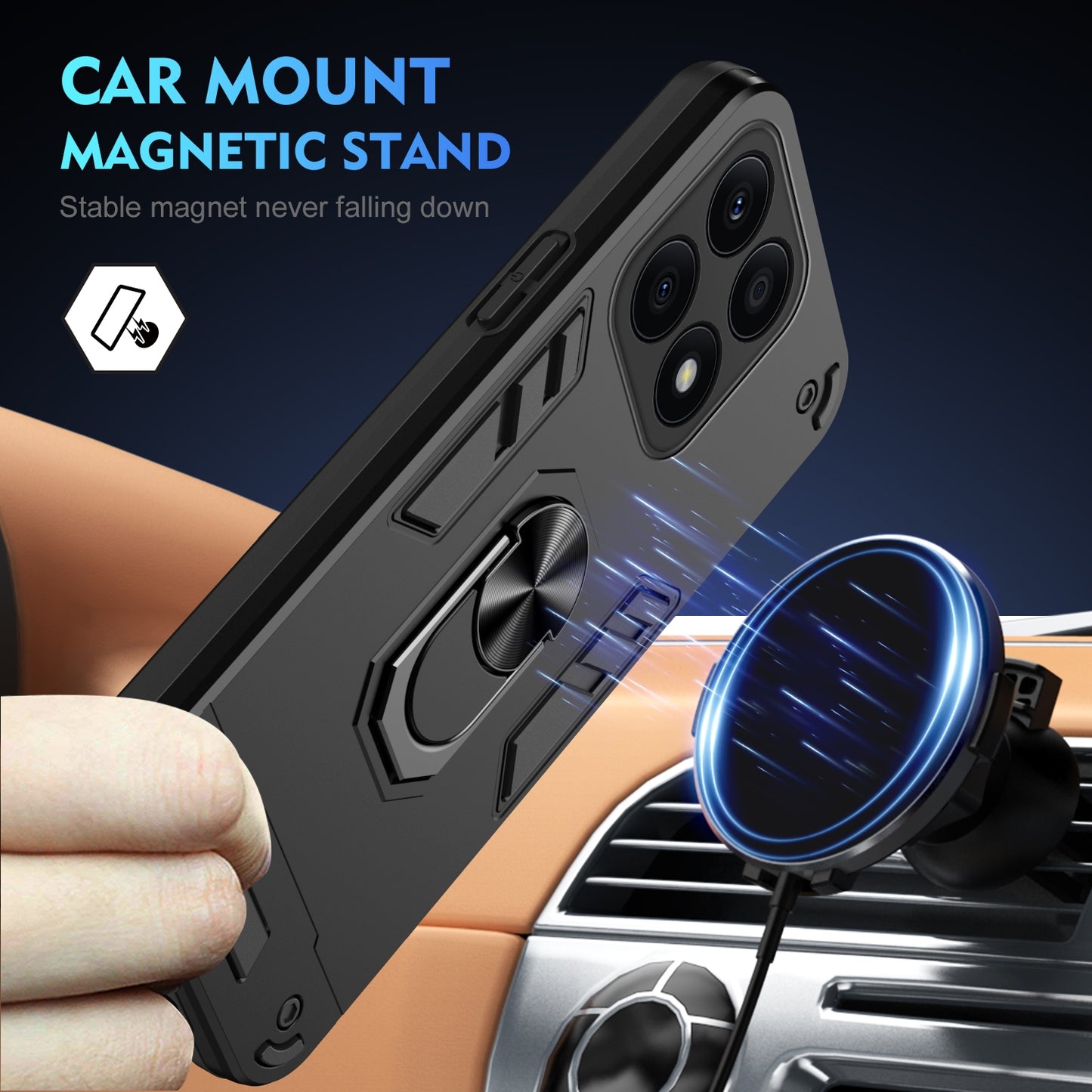 Honor X8a Shockproof Metal Ring Holder Phone Case with 360 degrees Rotating Kickstand, Ultra Slim Protective Cover, Raised Camera Guard, PC Silicone Armour Shell, Anti-Scratch Back & Edge Protection