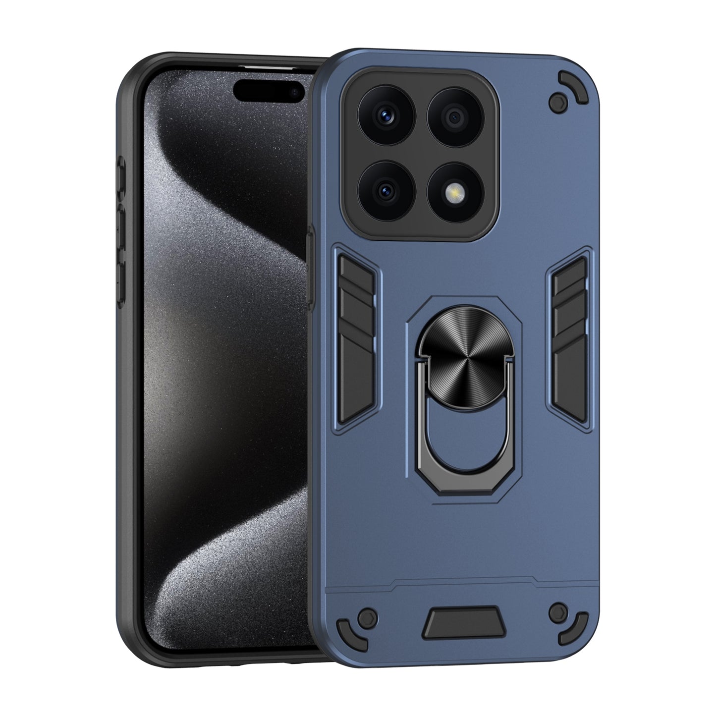 Honor X8b Shockproof Metal Ring Holder Phone Case with 360 degrees Rotating Kickstand, Ultra Slim Protective Cover, Raised Camera Guard, PC Silicone Armour Shell, Anti-Scratch Back & Edge Protection