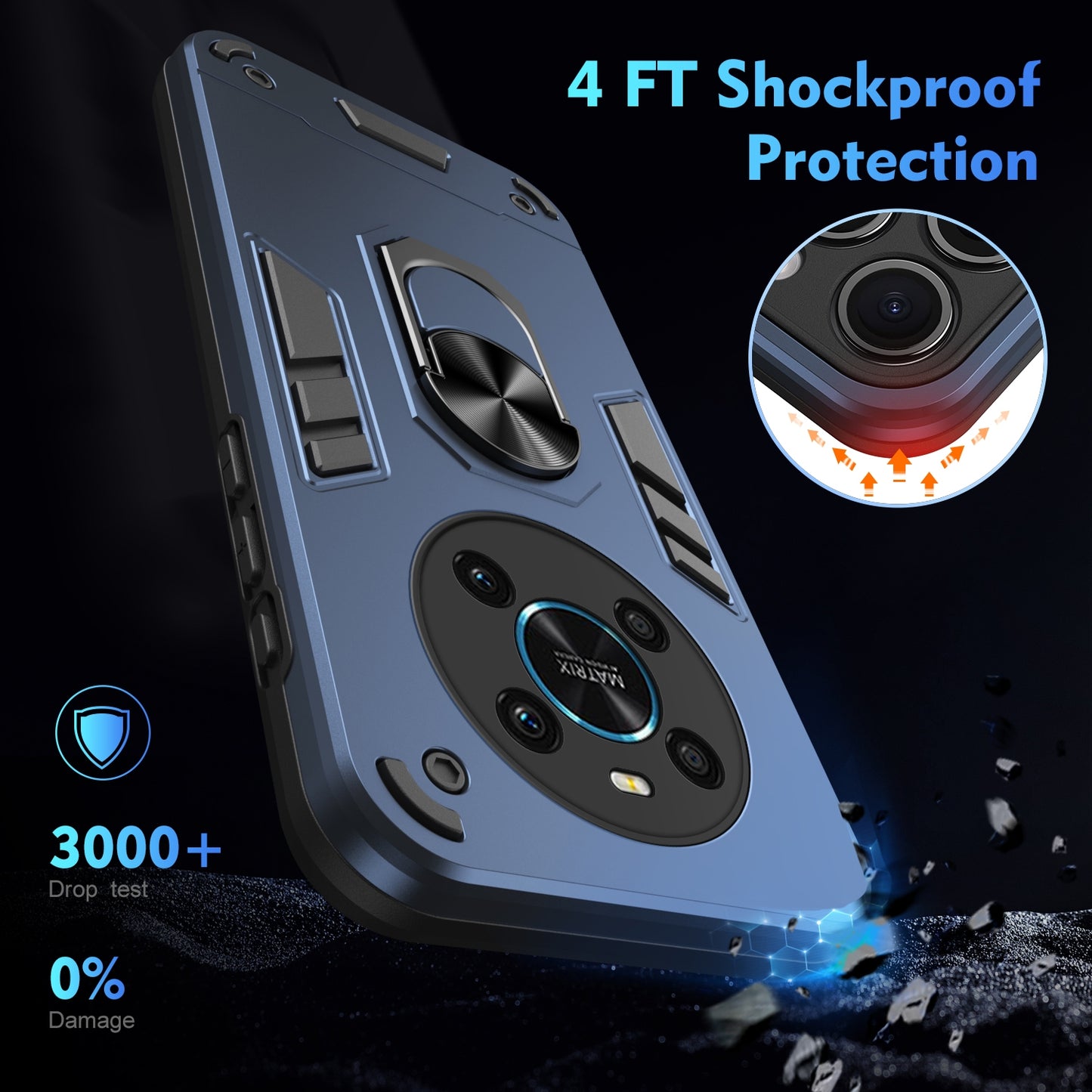 Honor X9 Shockproof Metal Ring Holder Phone Case with 360 degrees Rotating Kickstand, Ultra Slim Protective Cover, Raised Camera Guard, PC Silicone Armour Shell, Anti-Scratch Back & Edge Protection
