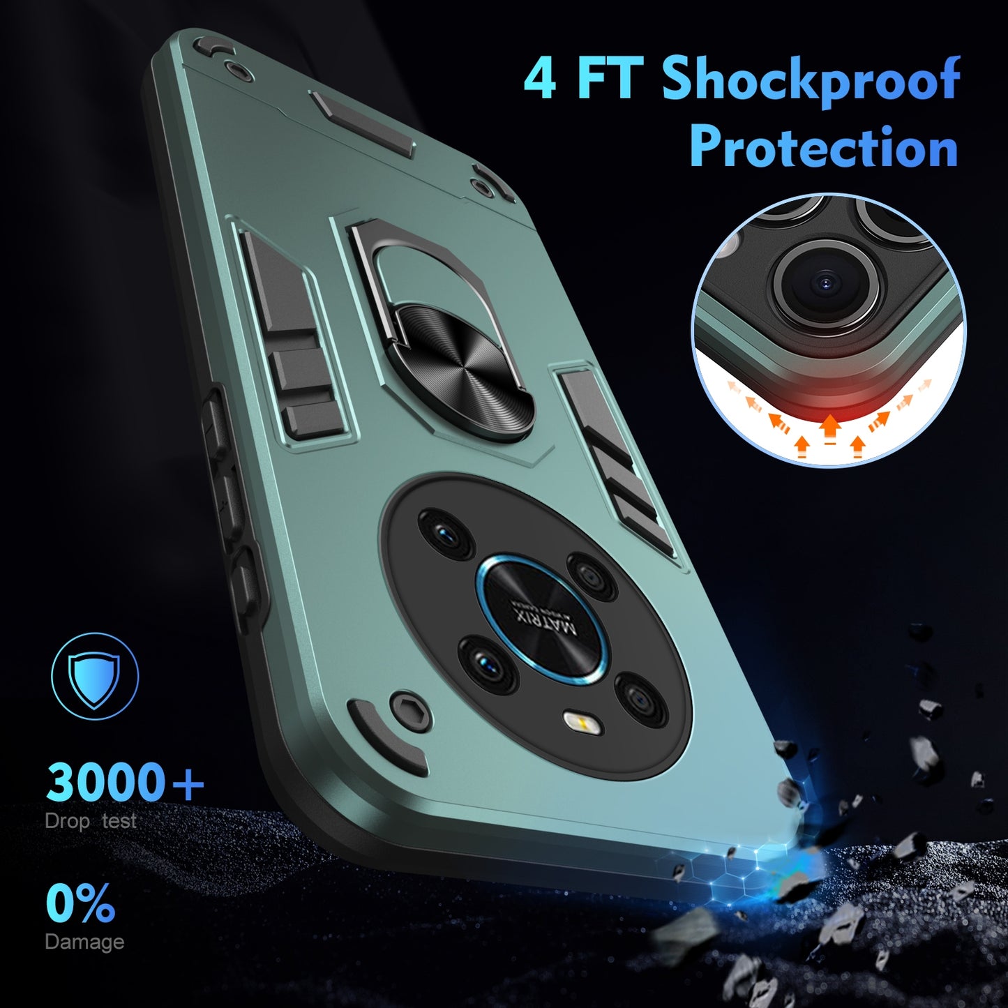Honor X9 Shockproof Metal Ring Holder Phone Case with 360 degrees Rotating Kickstand, Ultra Slim Protective Cover, Raised Camera Guard, PC Silicone Armour Shell, Anti-Scratch Back & Edge Protection