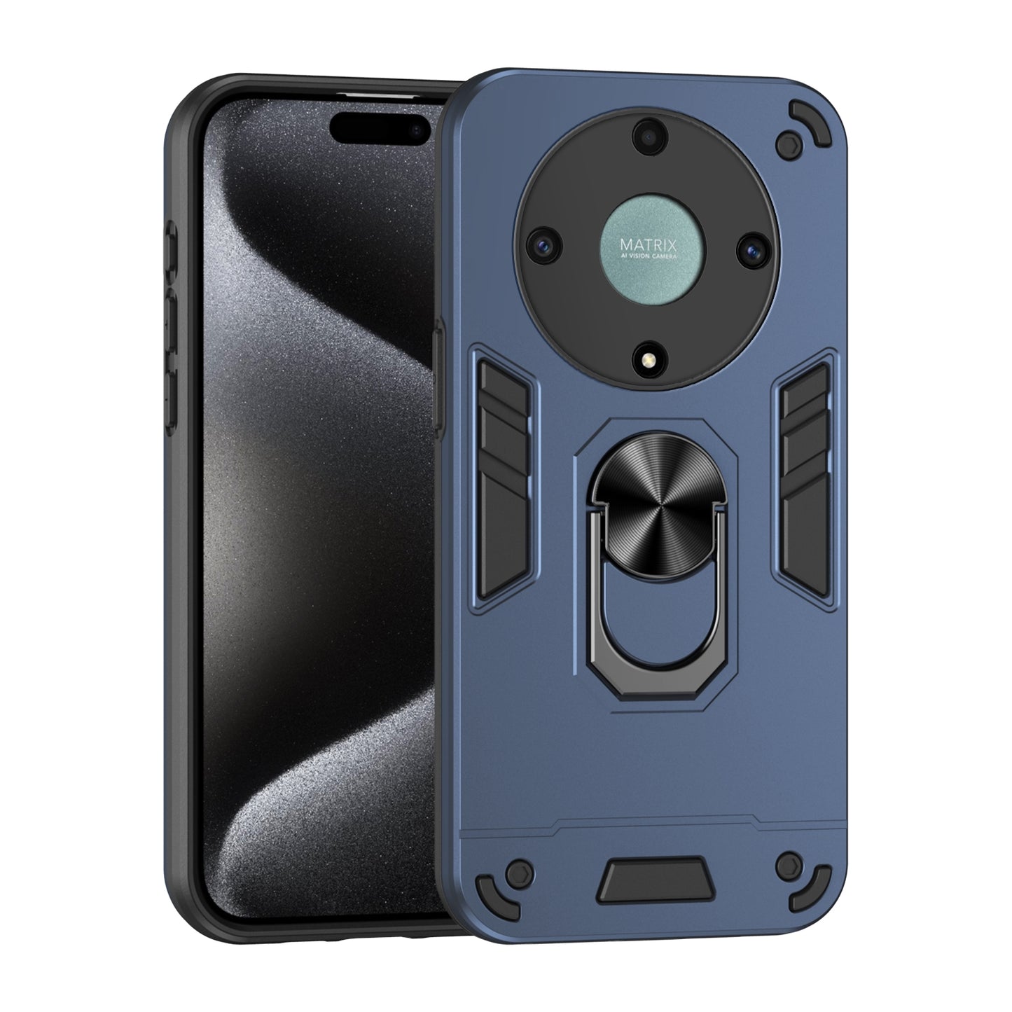 Honor X9a Shockproof Metal Ring Holder Phone Case with 360 degrees Rotating Kickstand, Ultra Slim Protective Cover, Raised Camera Guard, PC Silicone Armour Shell, Anti-Scratch Back & Edge Protection