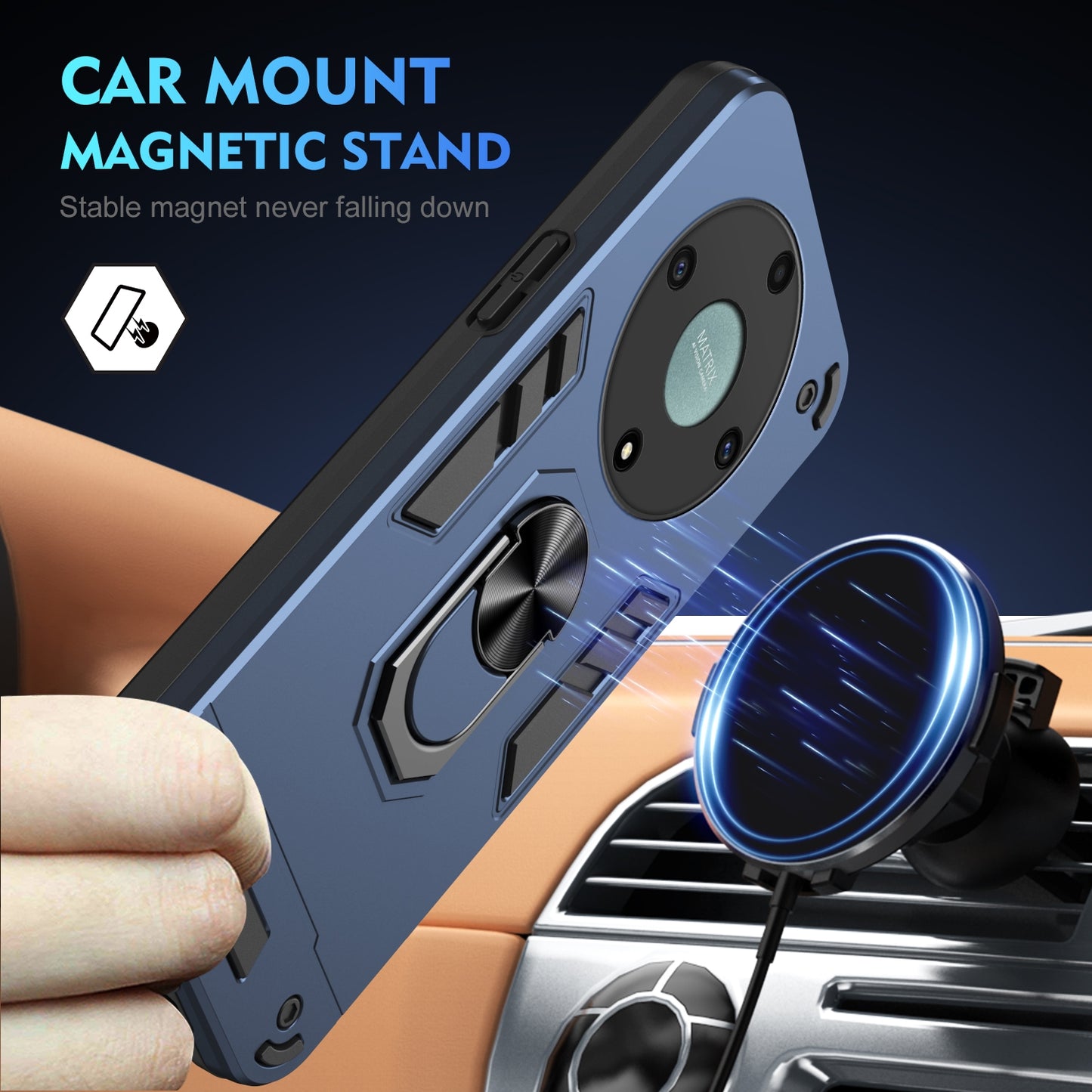 Honor X9a Shockproof Metal Ring Holder Phone Case with 360 degrees Rotating Kickstand, Ultra Slim Protective Cover, Raised Camera Guard, PC Silicone Armour Shell, Anti-Scratch Back & Edge Protection