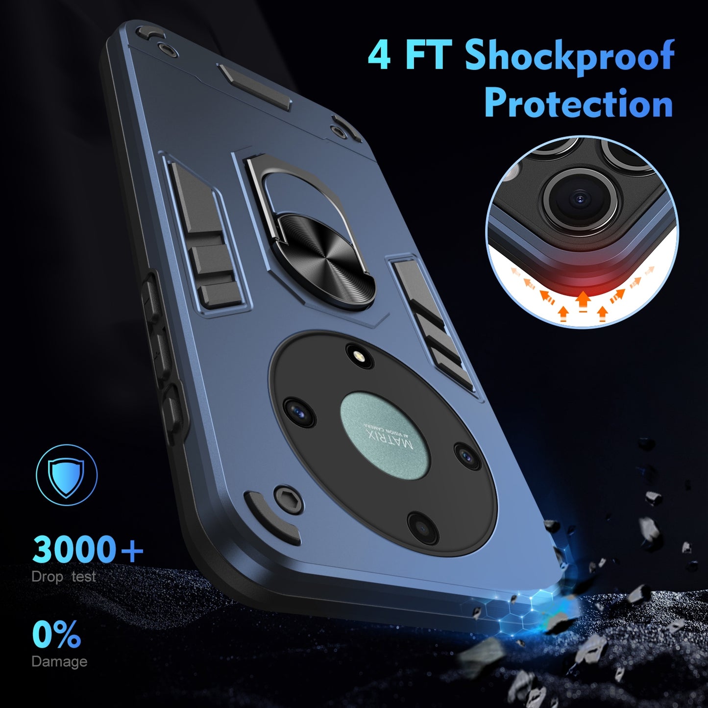 Honor X9a Shockproof Metal Ring Holder Phone Case with 360 degrees Rotating Kickstand, Ultra Slim Protective Cover, Raised Camera Guard, PC Silicone Armour Shell, Anti-Scratch Back & Edge Protection