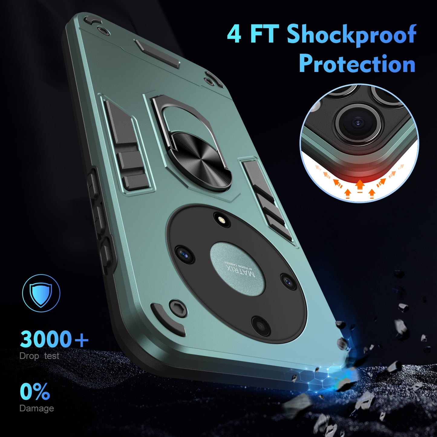 Honor X9a Shockproof Metal Ring Holder Phone Case with 360 degrees Rotating Kickstand, Ultra Slim Protective Cover, Raised Camera Guard, PC Silicone Armour Shell, Anti-Scratch Back & Edge Protection