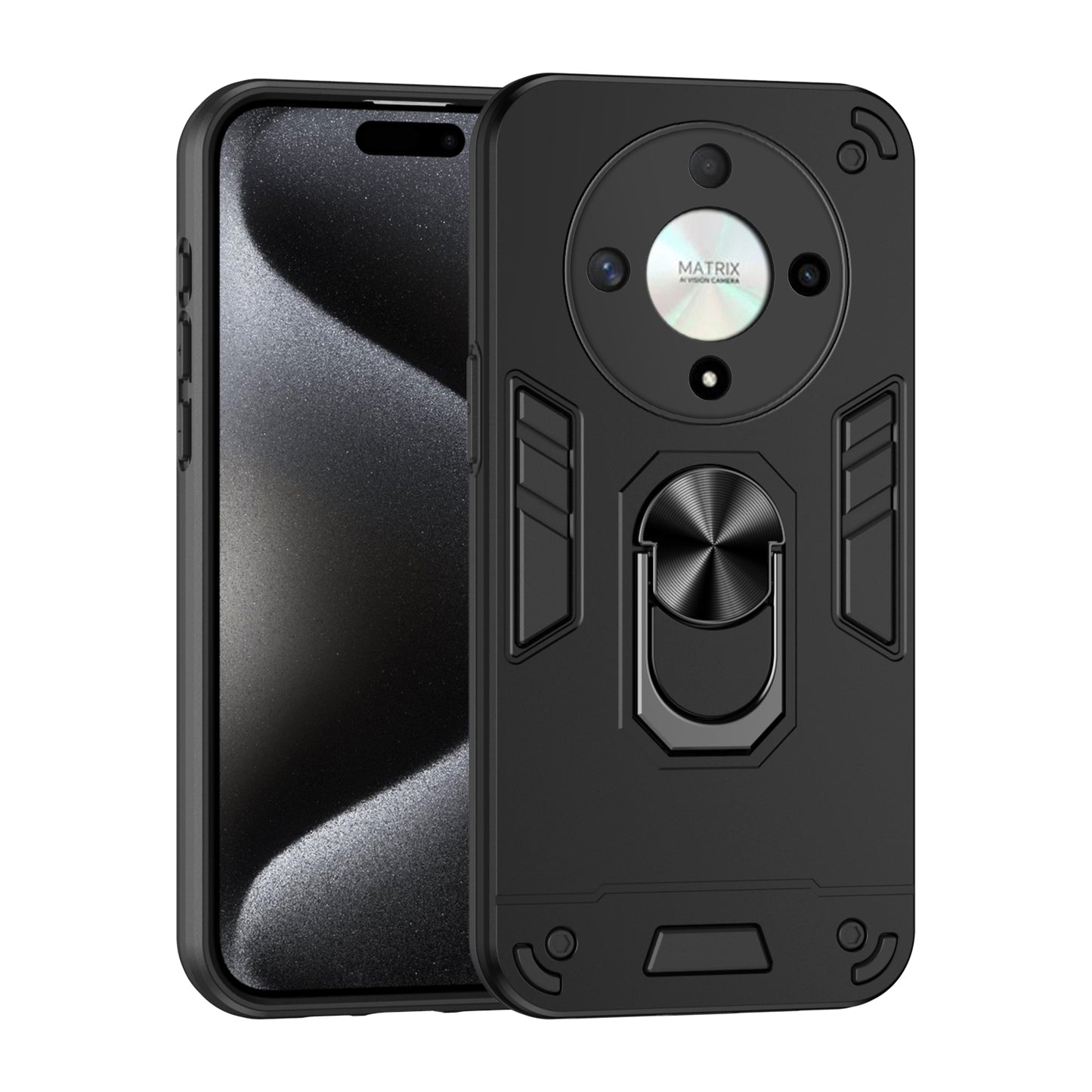 Honor X9b Shockproof Metal Ring Holder Phone Case with 360 degrees Rotating Kickstand, Ultra Slim Protective Cover, Raised Camera Guard, PC Silicone Armour Shell, Anti-Scratch Back & Edge Protection