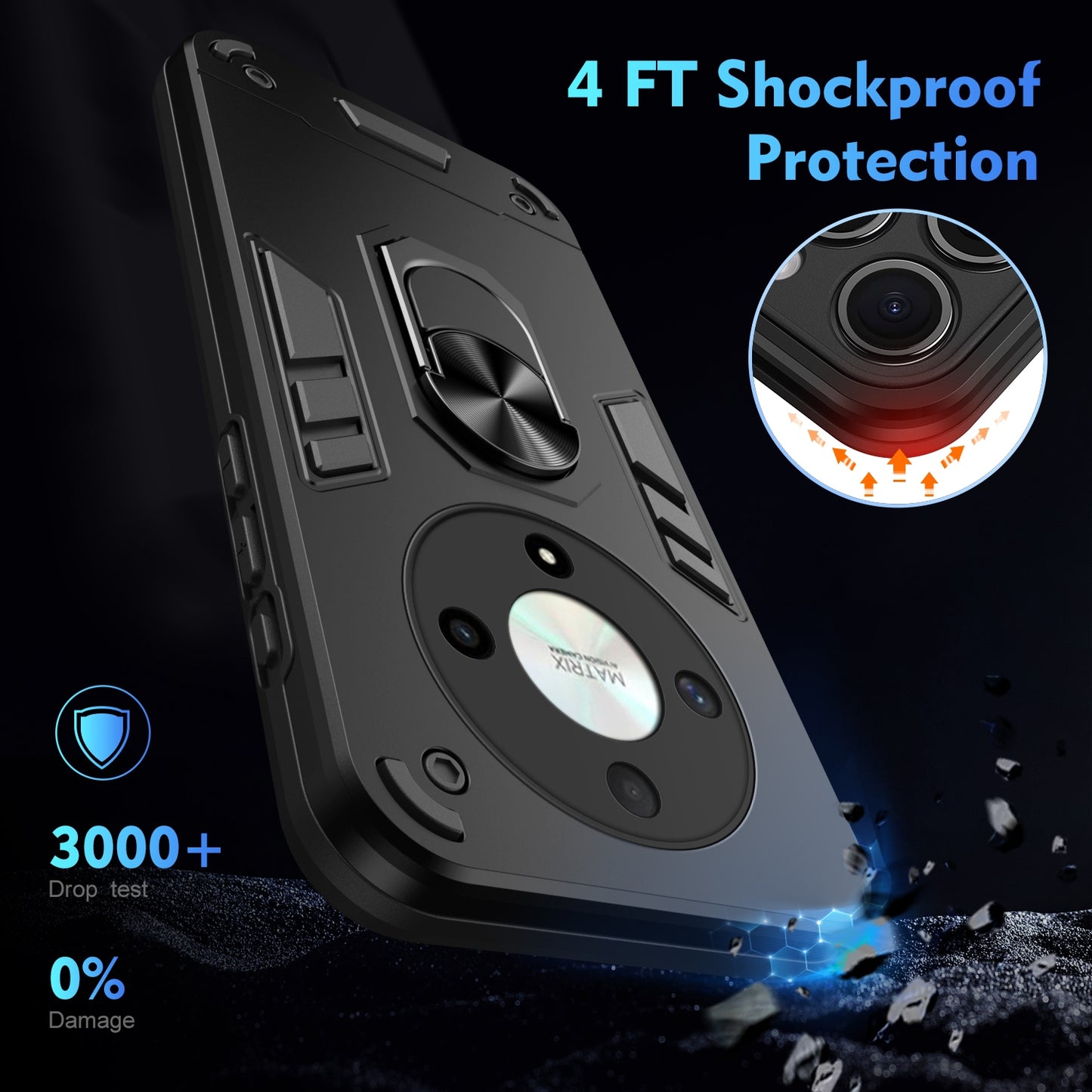 Honor X9b Shockproof Metal Ring Holder Phone Case with 360 degrees Rotating Kickstand, Ultra Slim Protective Cover, Raised Camera Guard, PC Silicone Armour Shell, Anti-Scratch Back & Edge Protection