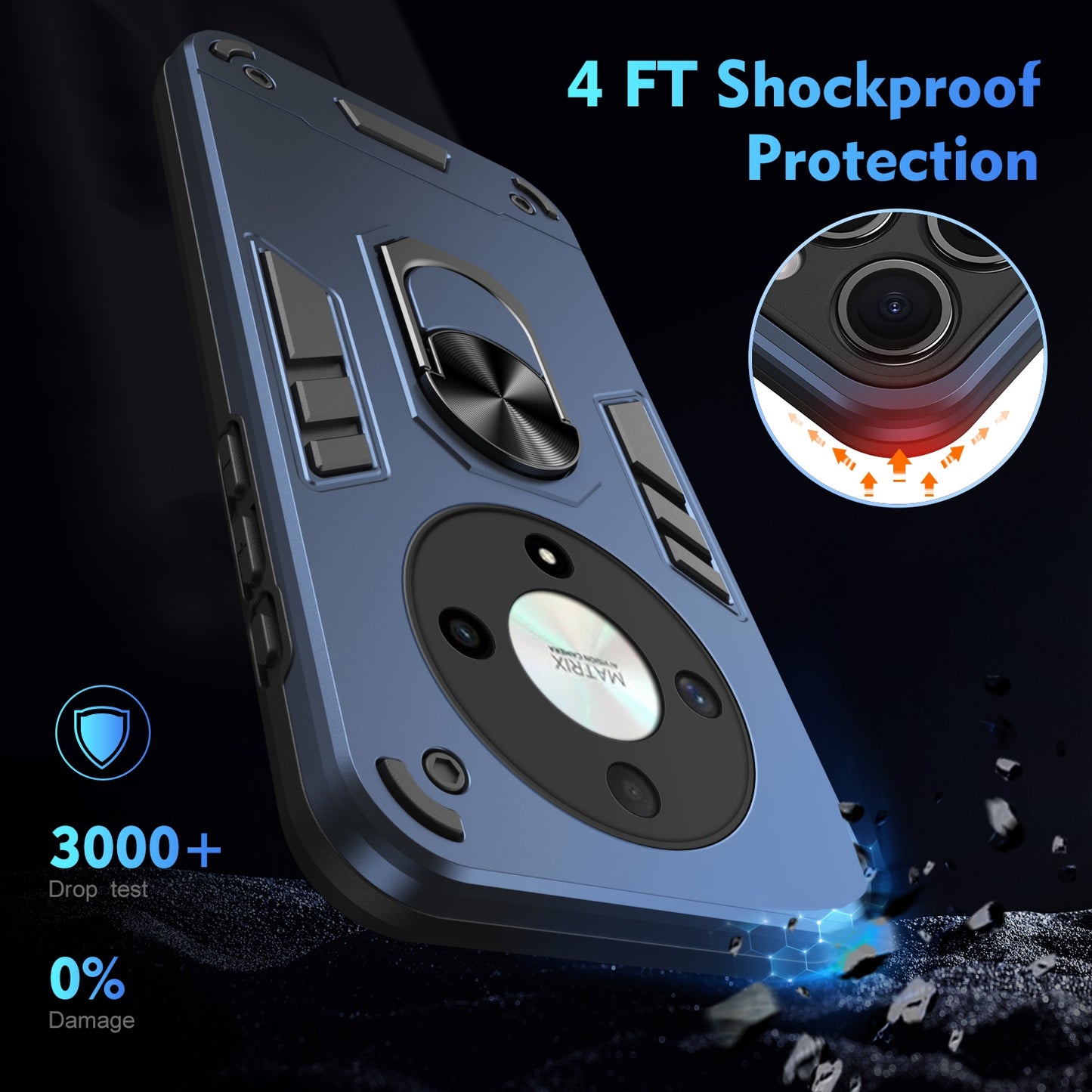 Honor X9b Shockproof Metal Ring Holder Phone Case with 360 degrees Rotating Kickstand, Ultra Slim Protective Cover, Raised Camera Guard, PC Silicone Armour Shell, Anti-Scratch Back & Edge Protection