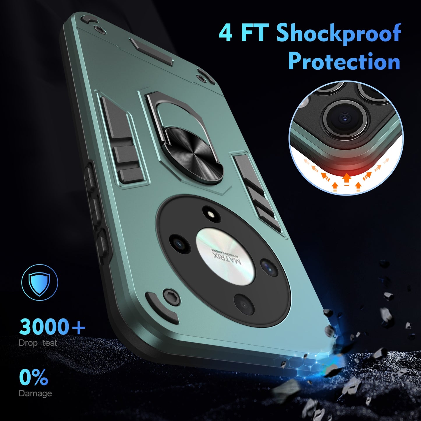 Honor X9b Shockproof Metal Ring Holder Phone Case with 360 degrees Rotating Kickstand, Ultra Slim Protective Cover, Raised Camera Guard, PC Silicone Armour Shell, Anti-Scratch Back & Edge Protection