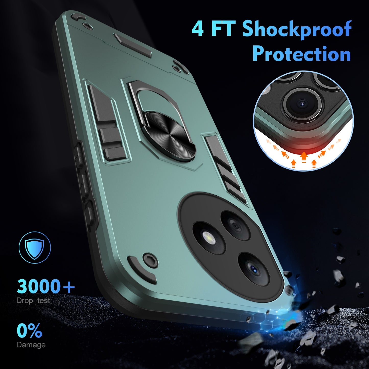 Honor X50i+ Shockproof Metal Ring Holder Phone Case with 360 degrees Rotating Kickstand, Ultra Slim Protective Cover, Raised Camera Guard, PC Silicone Armour Shell, Anti-Scratch Back & Edge Protection