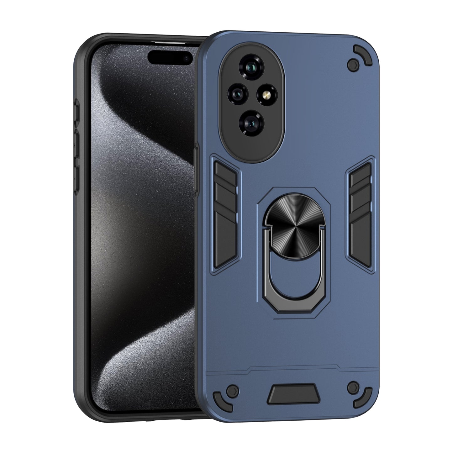 Honor 200 Shockproof Metal Ring Holder Phone Case with 360 degrees Rotating Kickstand, Ultra Slim Protective Cover, Raised Camera Guard, PC Silicone Armour Shell, Anti-Scratch Back & Edge Protection