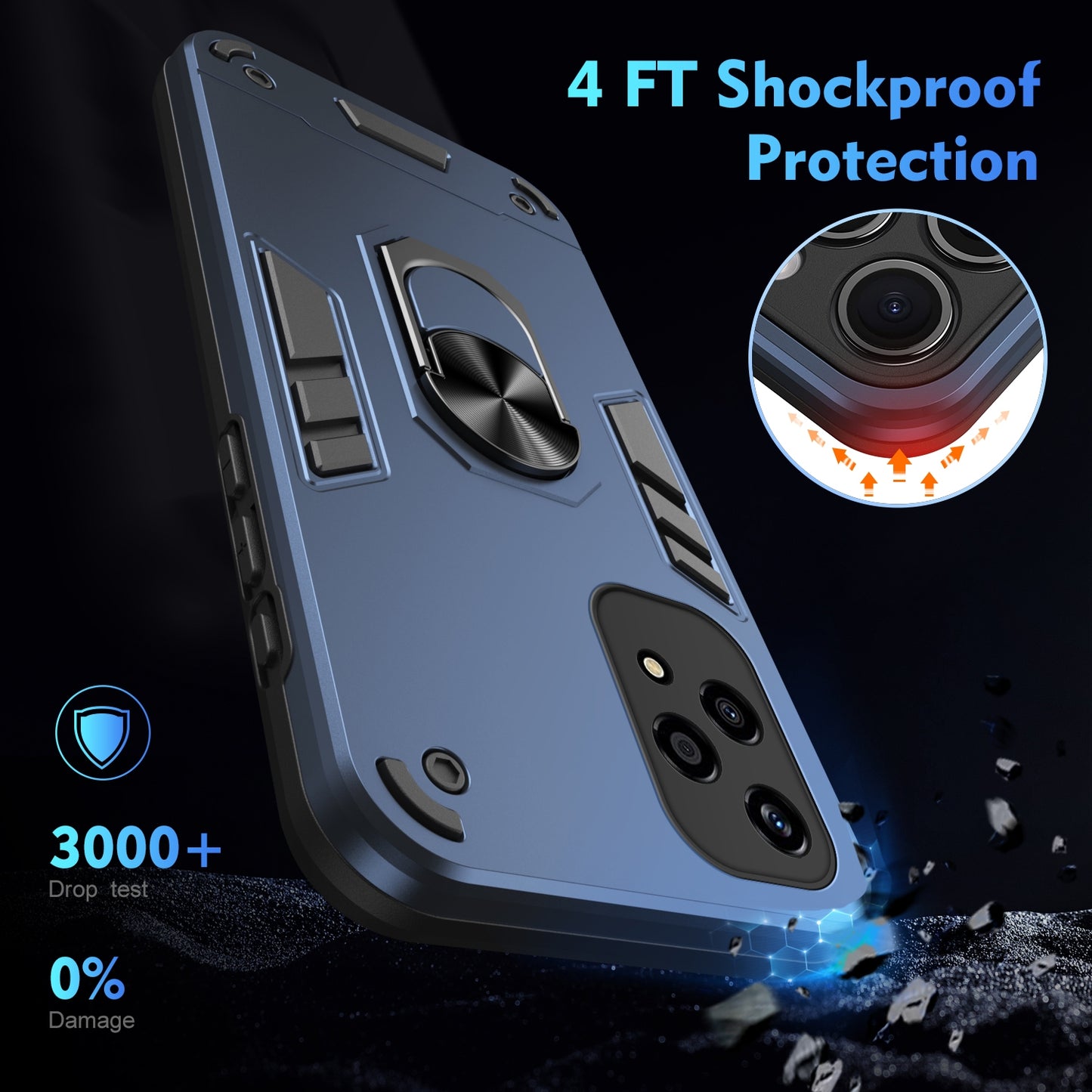 Honor 200 Lite Shockproof Metal Ring Holder Phone Case with 360 degrees Rotating Kickstand, Ultra Slim Protective Cover, Raised Camera Guard, PC Silicone Armour Shell, Anti-Scratch Back & Edge Protection