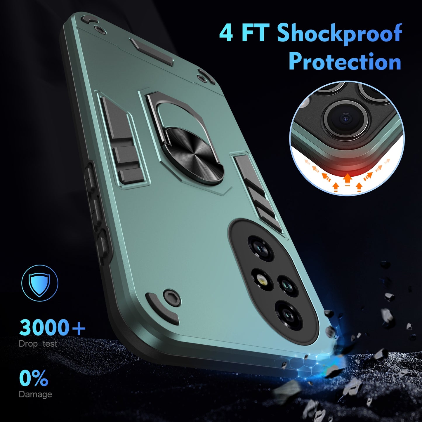 Honor 200 Pro Shockproof Metal Ring Holder Phone Case with 360 degrees Rotating Kickstand, Ultra Slim Protective Cover, Raised Camera Guard, PC Silicone Armour Shell, Anti-Scratch Back & Edge Protection