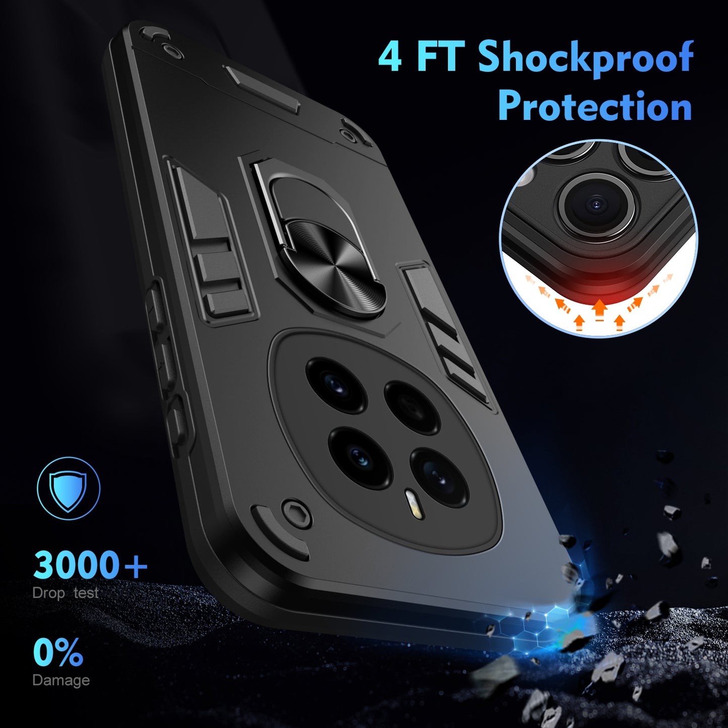 Honor Magic7 Shockproof Metal Ring Holder Phone Case with 360 degrees Rotating Kickstand, Ultra Slim Protective Cover, Raised Camera Guard, PC Silicone Armour Shell, Anti-Scratch Back & Edge Protection