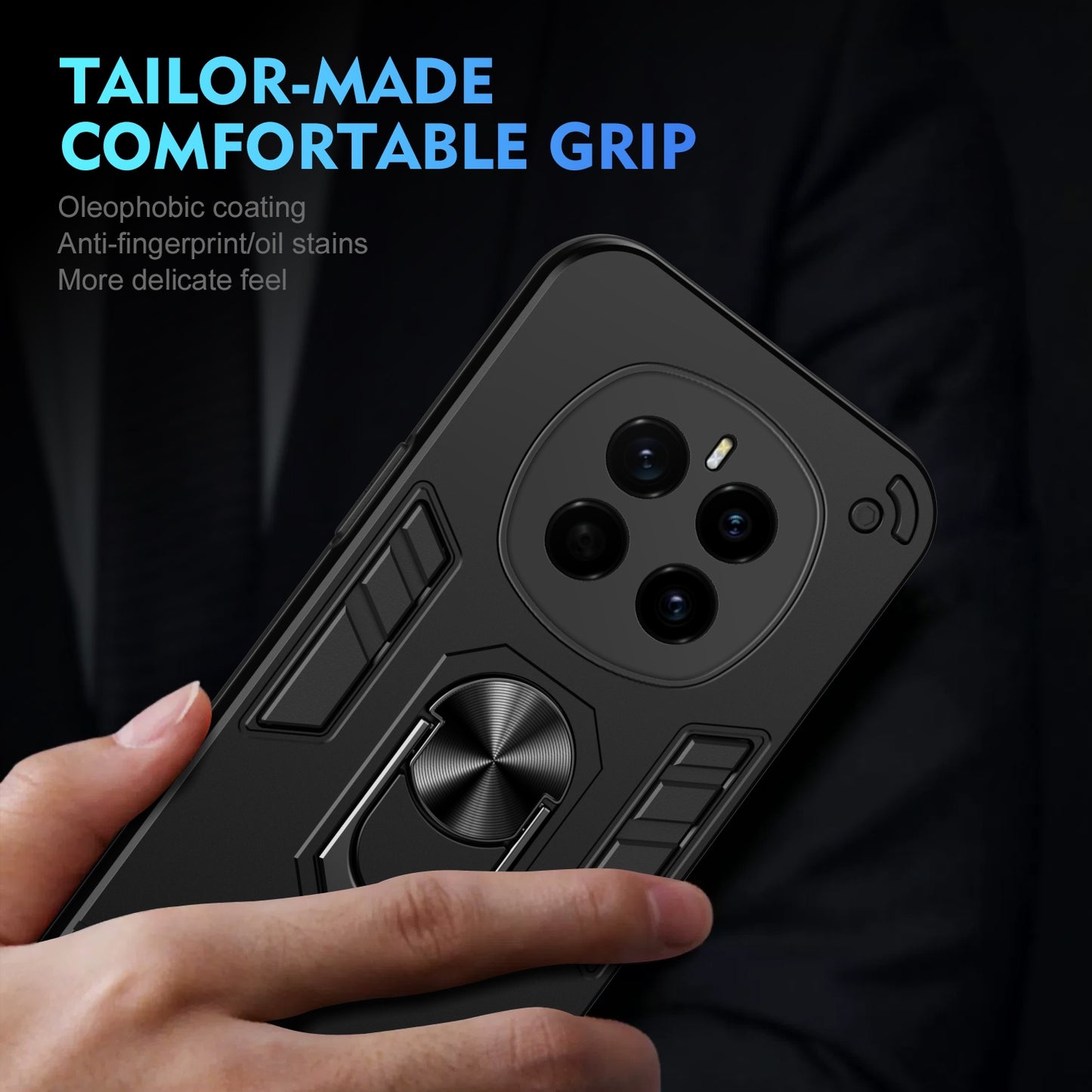 Honor Magic7 Shockproof Metal Ring Holder Phone Case with 360 degrees Rotating Kickstand, Ultra Slim Protective Cover, Raised Camera Guard, PC Silicone Armour Shell, Anti-Scratch Back & Edge Protection