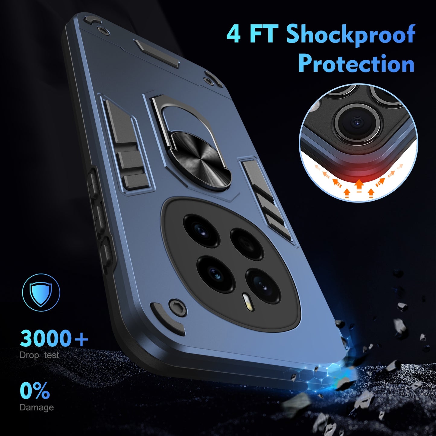 Honor Magic7 Shockproof Metal Ring Holder Phone Case with 360 degrees Rotating Kickstand, Ultra Slim Protective Cover, Raised Camera Guard, PC Silicone Armour Shell, Anti-Scratch Back & Edge Protection