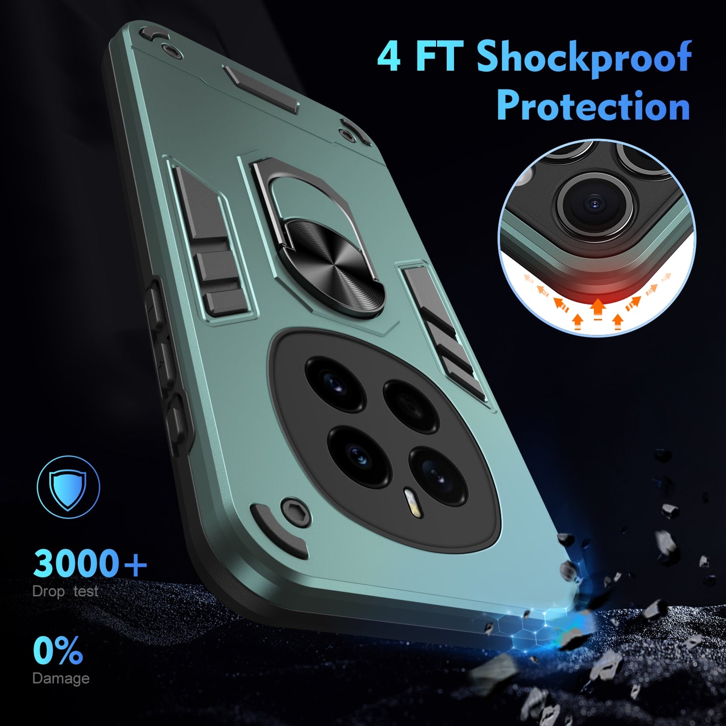Honor Magic7 Shockproof Metal Ring Holder Phone Case with 360 degrees Rotating Kickstand, Ultra Slim Protective Cover, Raised Camera Guard, PC Silicone Armour Shell, Anti-Scratch Back & Edge Protection