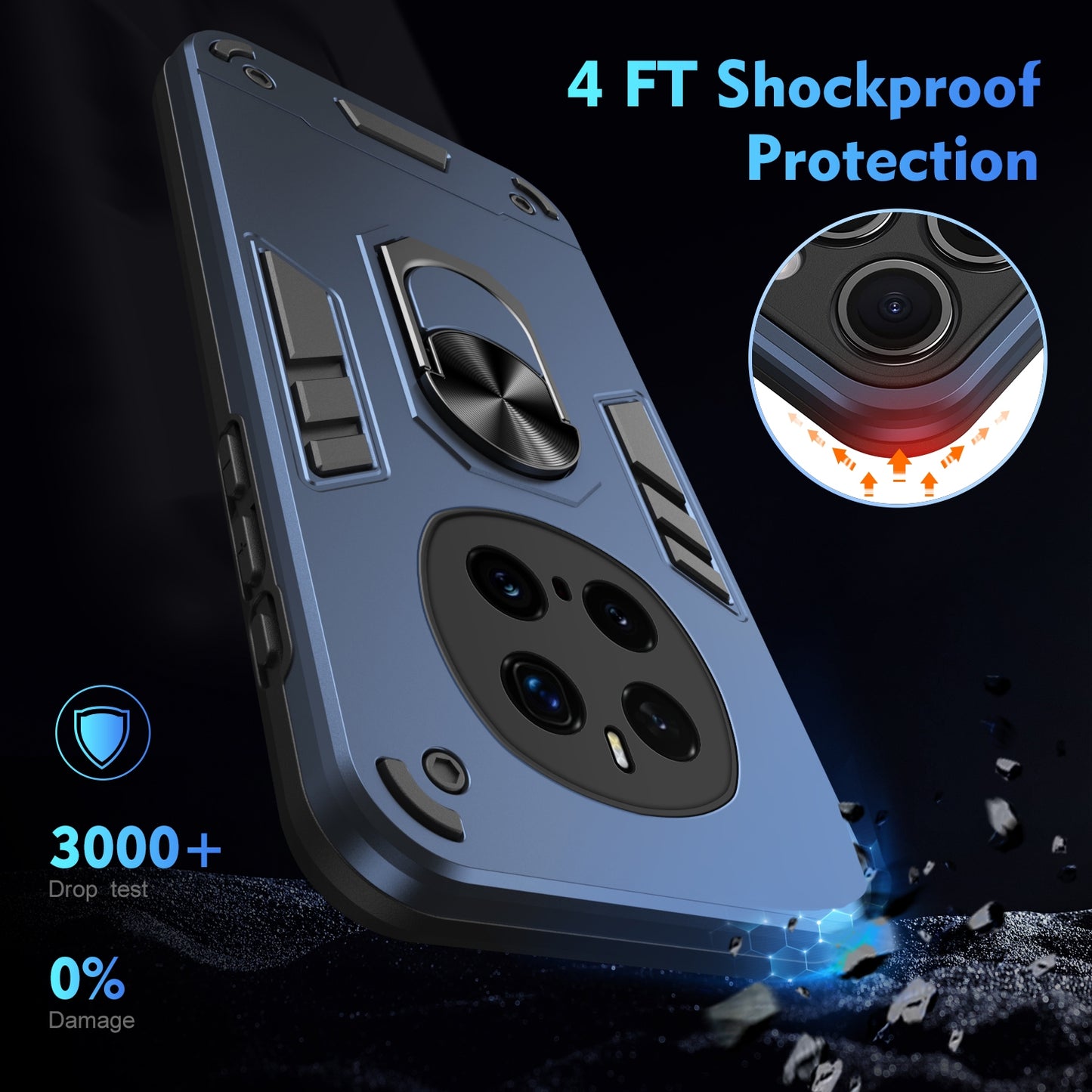 Honor Magic7 Pro Shockproof Metal Ring Holder Phone Case with 360 degrees Rotating Kickstand, Ultra Slim Protective Cover, Raised Camera Guard, PC Silicone Armour Shell, Anti-Scratch Back & Edge Protection
