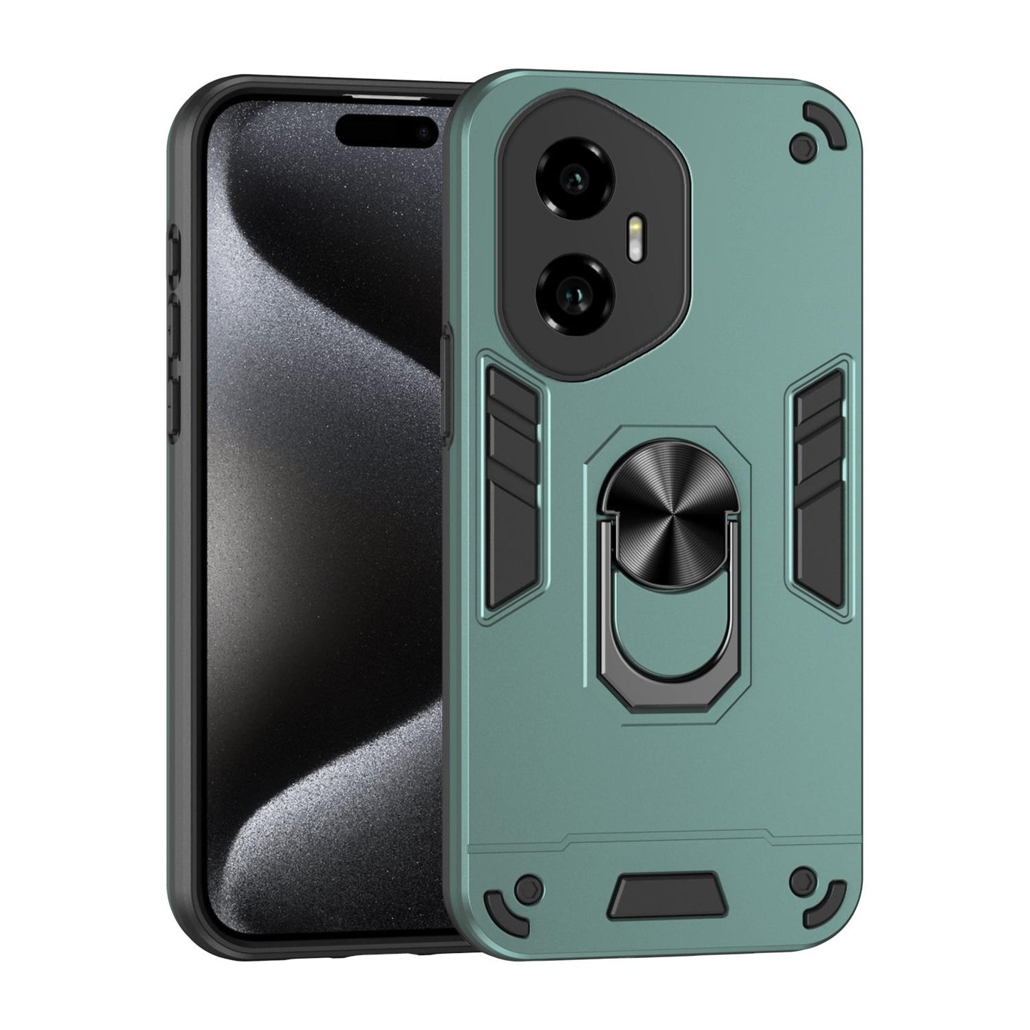 Honor 300 Shockproof Metal Ring Holder Phone Case with 360 degrees Rotating Kickstand, Ultra Slim Protective Cover, Raised Camera Guard, PC Silicone Armour Shell, Anti-Scratch Back & Edge Protection