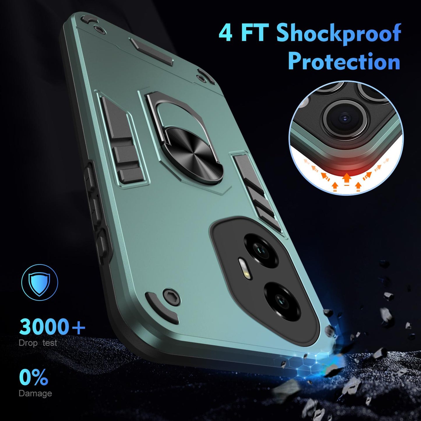 Honor 300 Shockproof Metal Ring Holder Phone Case with 360 degrees Rotating Kickstand, Ultra Slim Protective Cover, Raised Camera Guard, PC Silicone Armour Shell, Anti-Scratch Back & Edge Protection