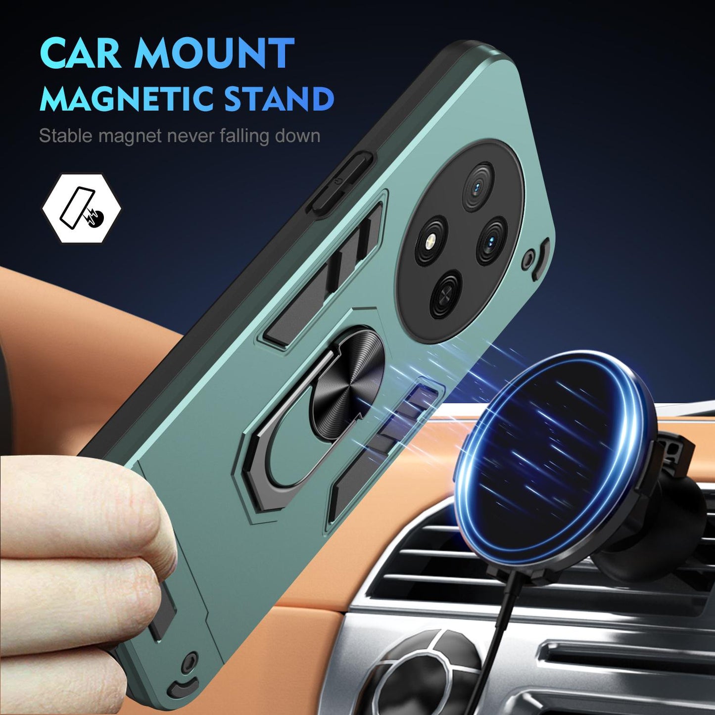 Honor X9c Shockproof Metal Ring Holder Phone Case with 360 degrees Rotating Kickstand, Ultra Slim Protective Cover, Raised Camera Guard, PC Silicone Armour Shell, Anti-Scratch Back & Edge Protection
