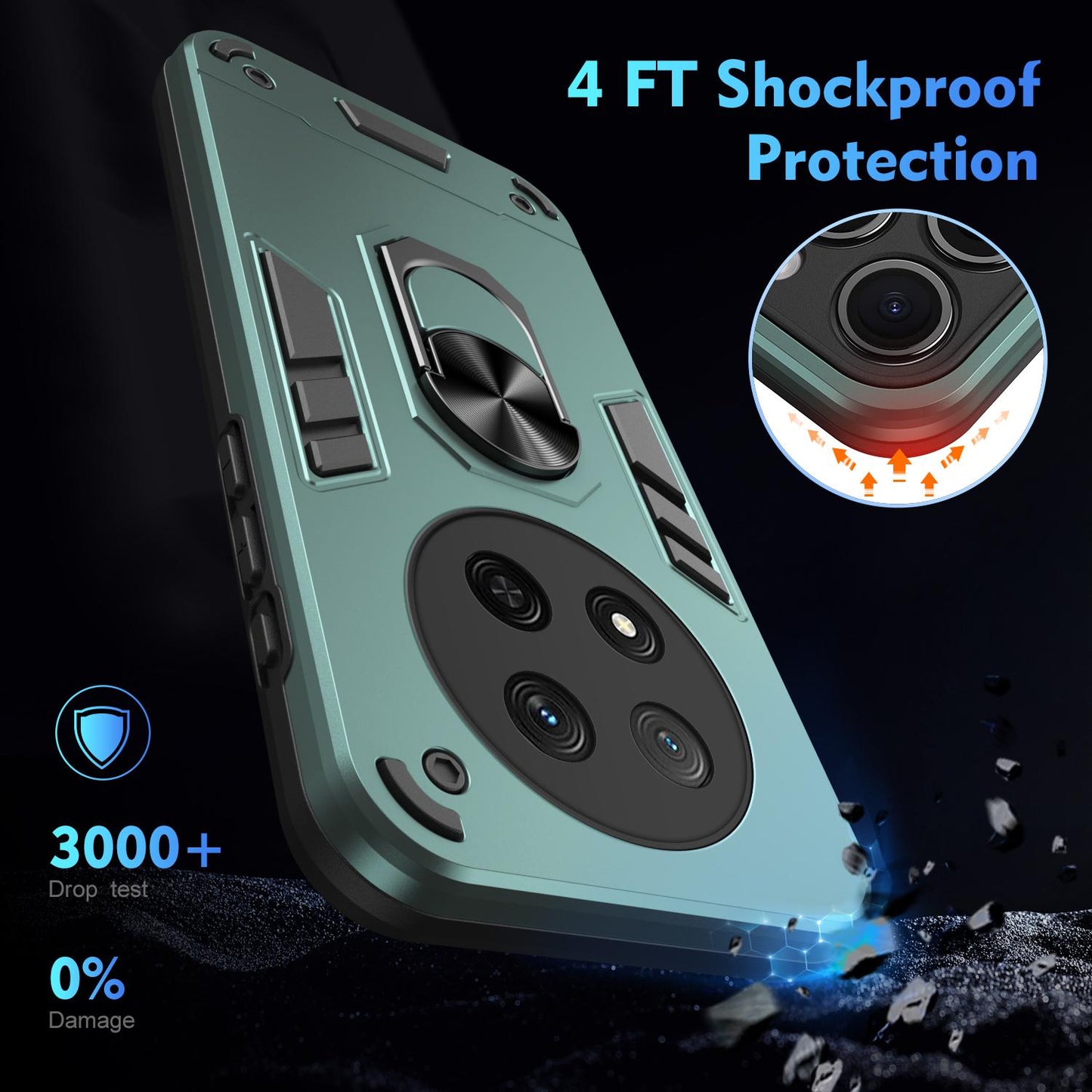 Honor X9c Shockproof Metal Ring Holder Phone Case with 360 degrees Rotating Kickstand, Ultra Slim Protective Cover, Raised Camera Guard, PC Silicone Armour Shell, Anti-Scratch Back & Edge Protection