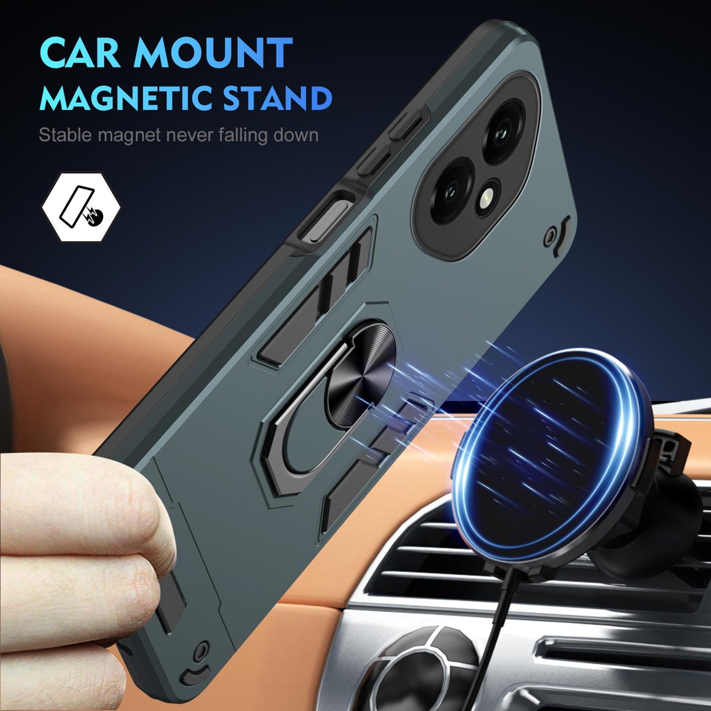 Honor 400 156.5mm Shockproof Metal Ring Holder Phone Case with 360 degrees Rotating Kickstand, Ultra Slim Protective Cover, Raised Camera Guard, PC Silicone Armour Shell, Anti-Scratch Back & Edge Protection