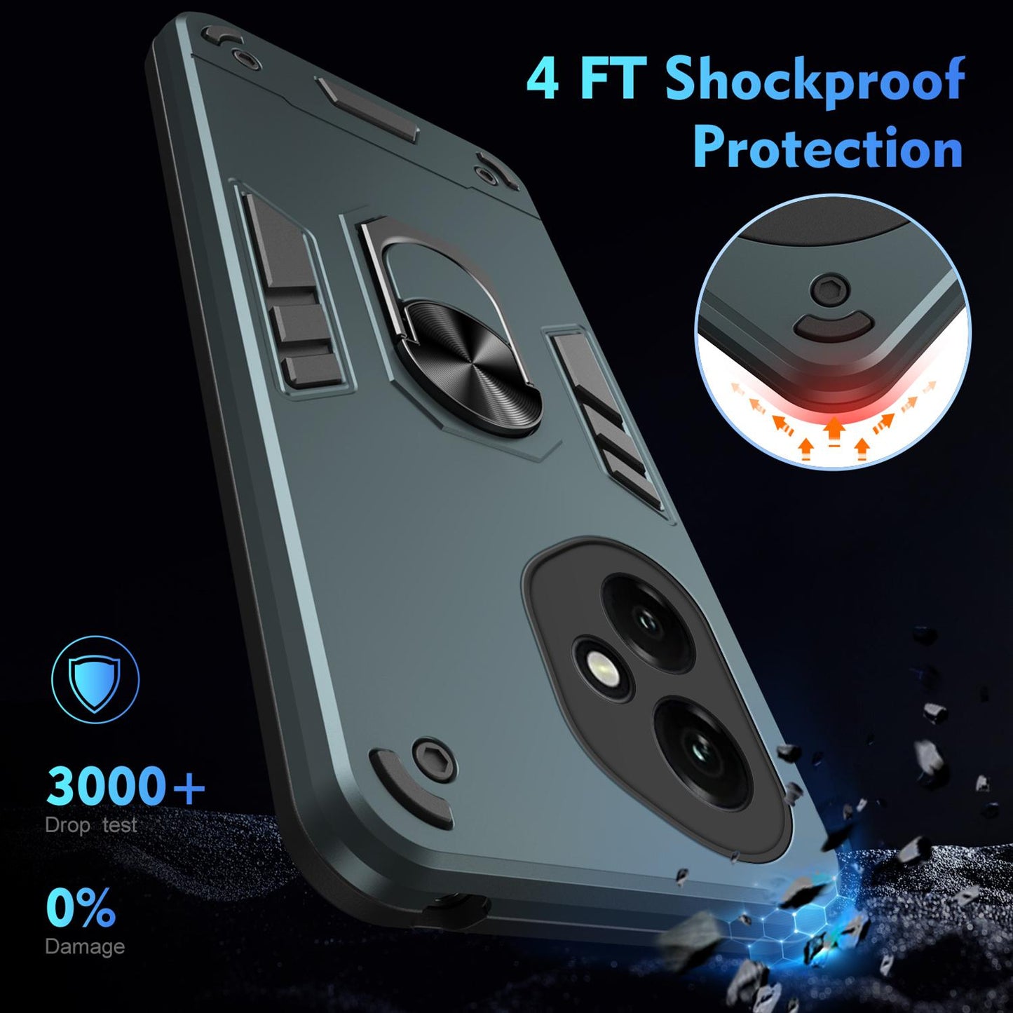 Honor 400 156.5mm Shockproof Metal Ring Holder Phone Case with 360 degrees Rotating Kickstand, Ultra Slim Protective Cover, Raised Camera Guard, PC Silicone Armour Shell, Anti-Scratch Back & Edge Protection