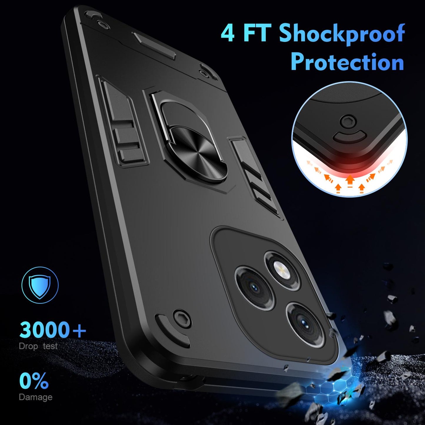 Honor 400 Lite Shockproof Metal Ring Holder Phone Case with 360 degrees Rotating Kickstand, Ultra Slim Protective Cover, Raised Camera Guard, PC Silicone Armour Shell, Anti-Scratch Back & Edge Protection