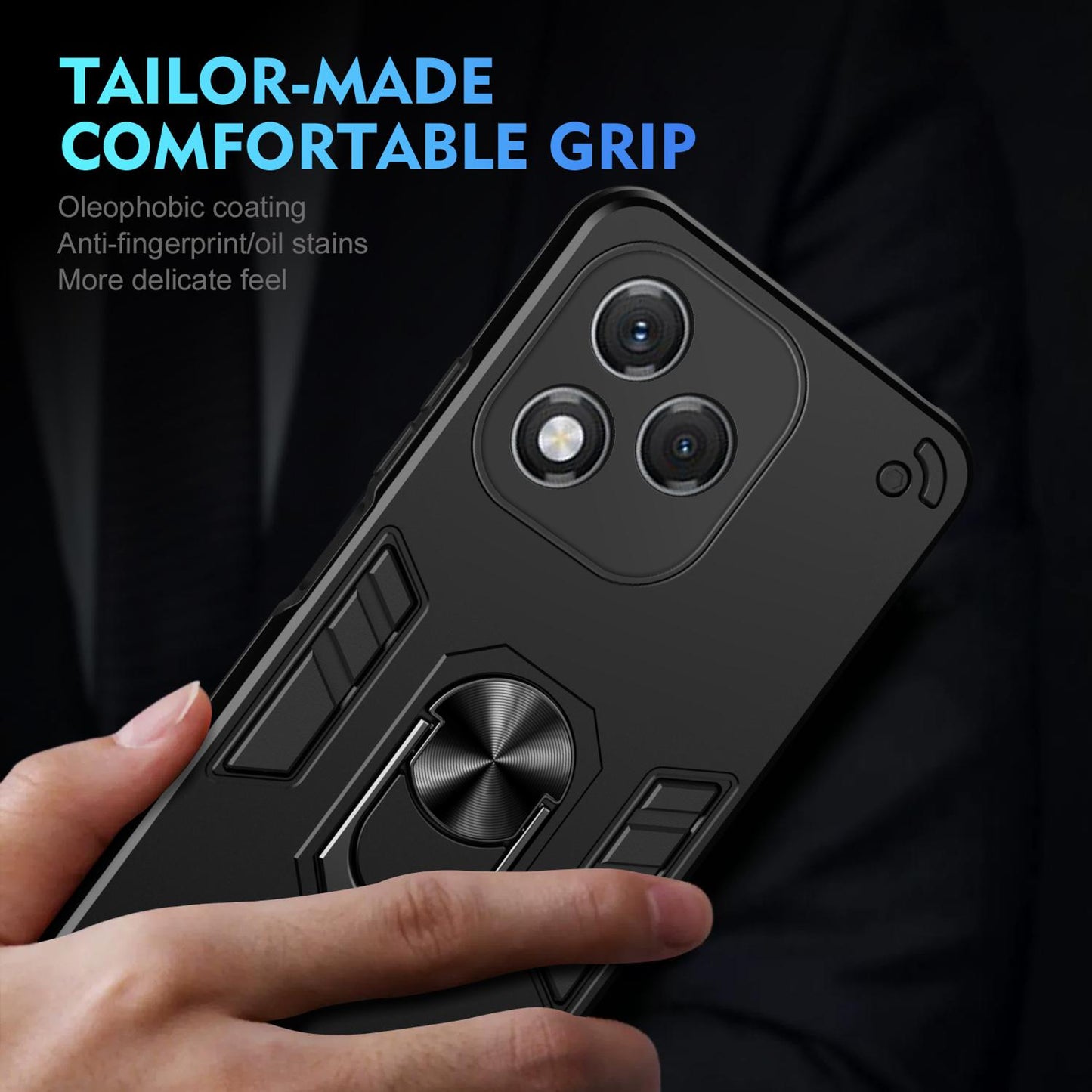 Honor 400 Lite Shockproof Metal Ring Holder Phone Case with 360 degrees Rotating Kickstand, Ultra Slim Protective Cover, Raised Camera Guard, PC Silicone Armour Shell, Anti-Scratch Back & Edge Protection