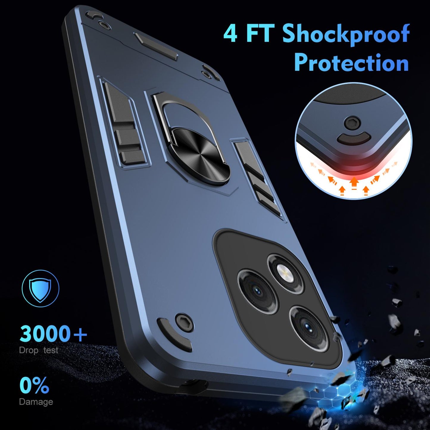 Honor 400 Lite Shockproof Metal Ring Holder Phone Case with 360 degrees Rotating Kickstand, Ultra Slim Protective Cover, Raised Camera Guard, PC Silicone Armour Shell, Anti-Scratch Back & Edge Protection